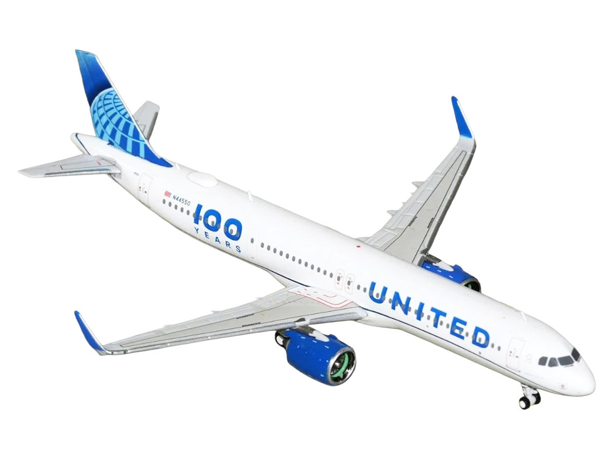 Airbus A321neo Commercial Aircraft "United Airlines 100 Years" (N44550) White with Blue Tail 1/400 Diecast Model Airplane by GeminiJets GeminiJets