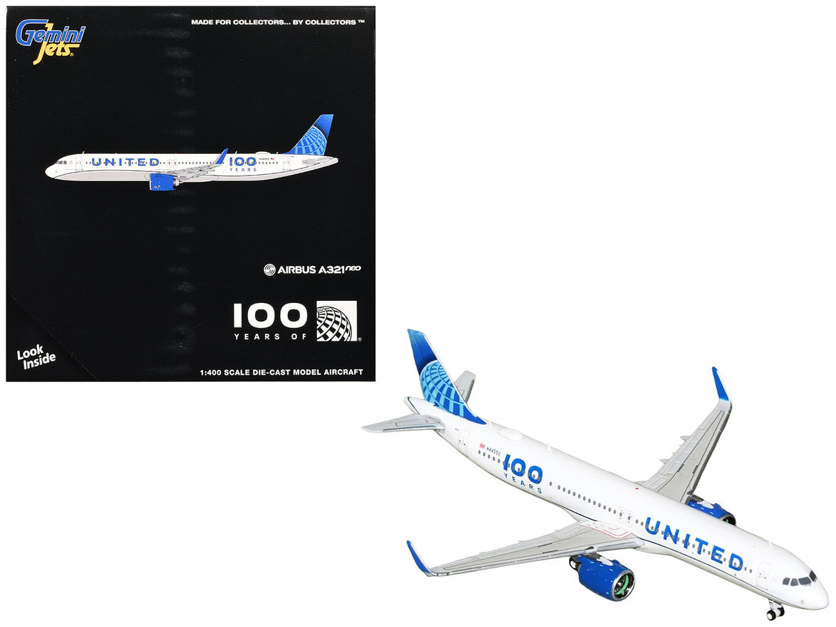 Airbus A321neo Commercial Aircraft "United Airlines 100 Years" (N44550) White with Blue Tail 1/400 Diecast Model Airplane by GeminiJets GeminiJets