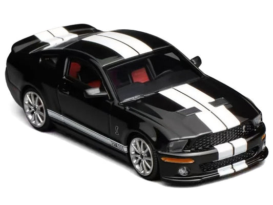 2007 Ford Mustang Shelby GT500 Ebony Black with White Stripes 1/64 Diecast Model Car by MotorHelix & Greenlight Motorhelix