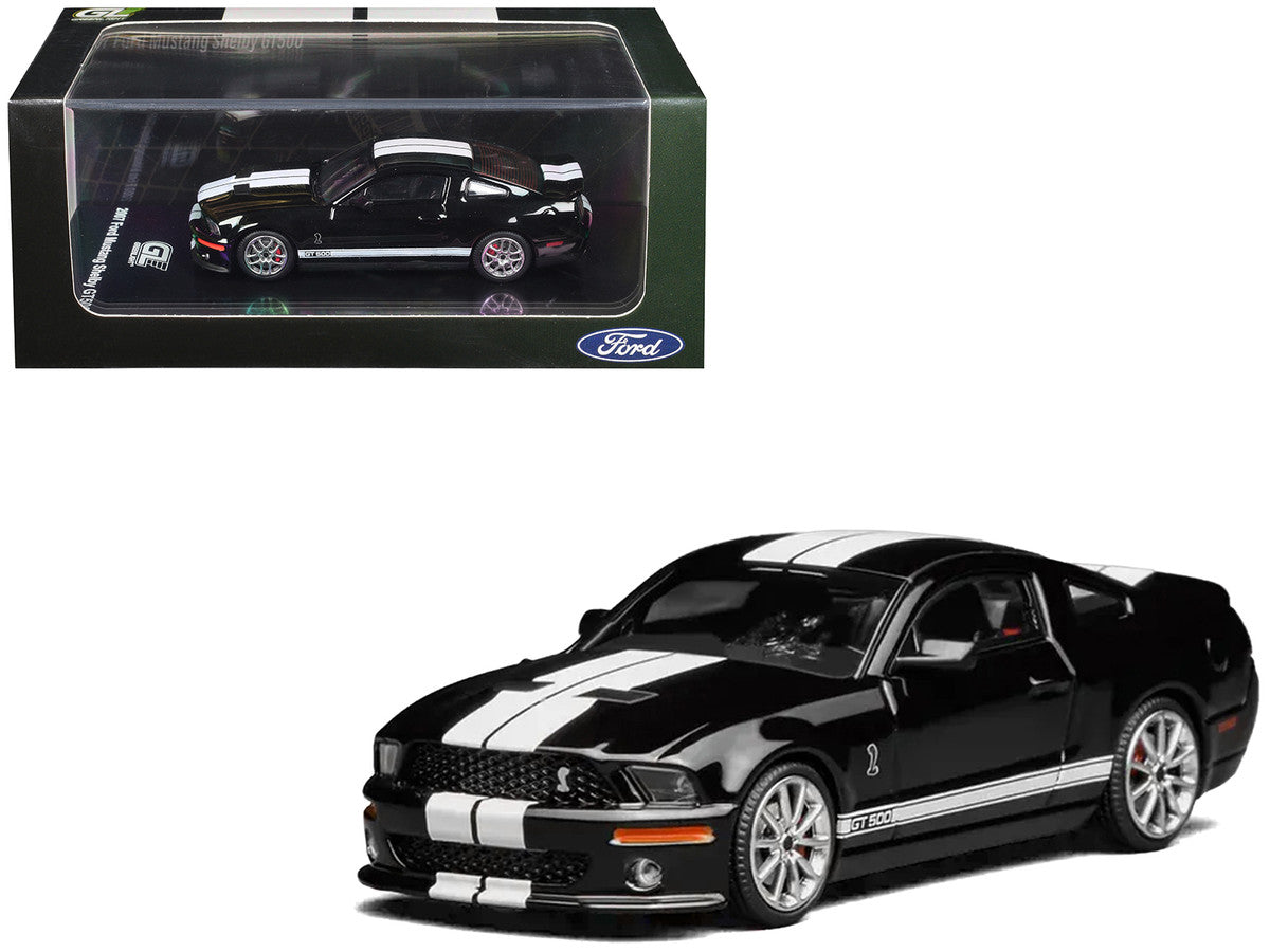 2007 Ford Mustang Shelby GT500 Ebony Black with White Stripes 1/64 Diecast Model Car by MotorHelix & Greenlight Motorhelix