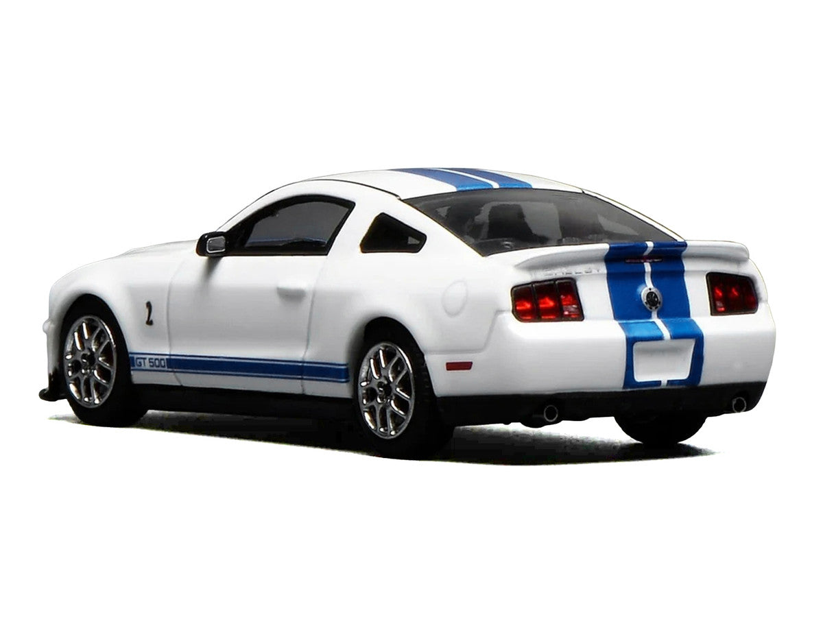 2007 Ford Mustang Shelby GT500 Performance White with Blue Stripes 1/64 Diecast Model Car by MotorHelix & Greenlight Motorhelix