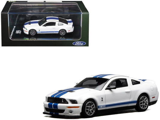 2007 Ford Mustang Shelby GT500 Performance White with Blue Stripes 1/64 Diecast Model Car by MotorHelix & Greenlight Motorhelix