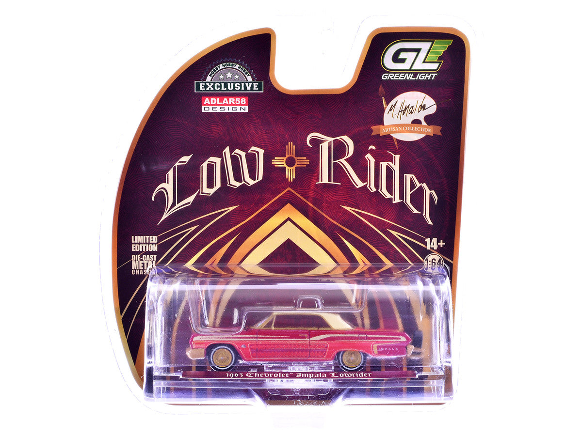 1963 Chevrolet Impala Lowrider "Michael Heralda Special Edition" Red Metallic with Cream Top and Interior with Gold Graphics "Hobby Exclusive" Series 1/64 Diecast Model Car by Greenlight Greenlight