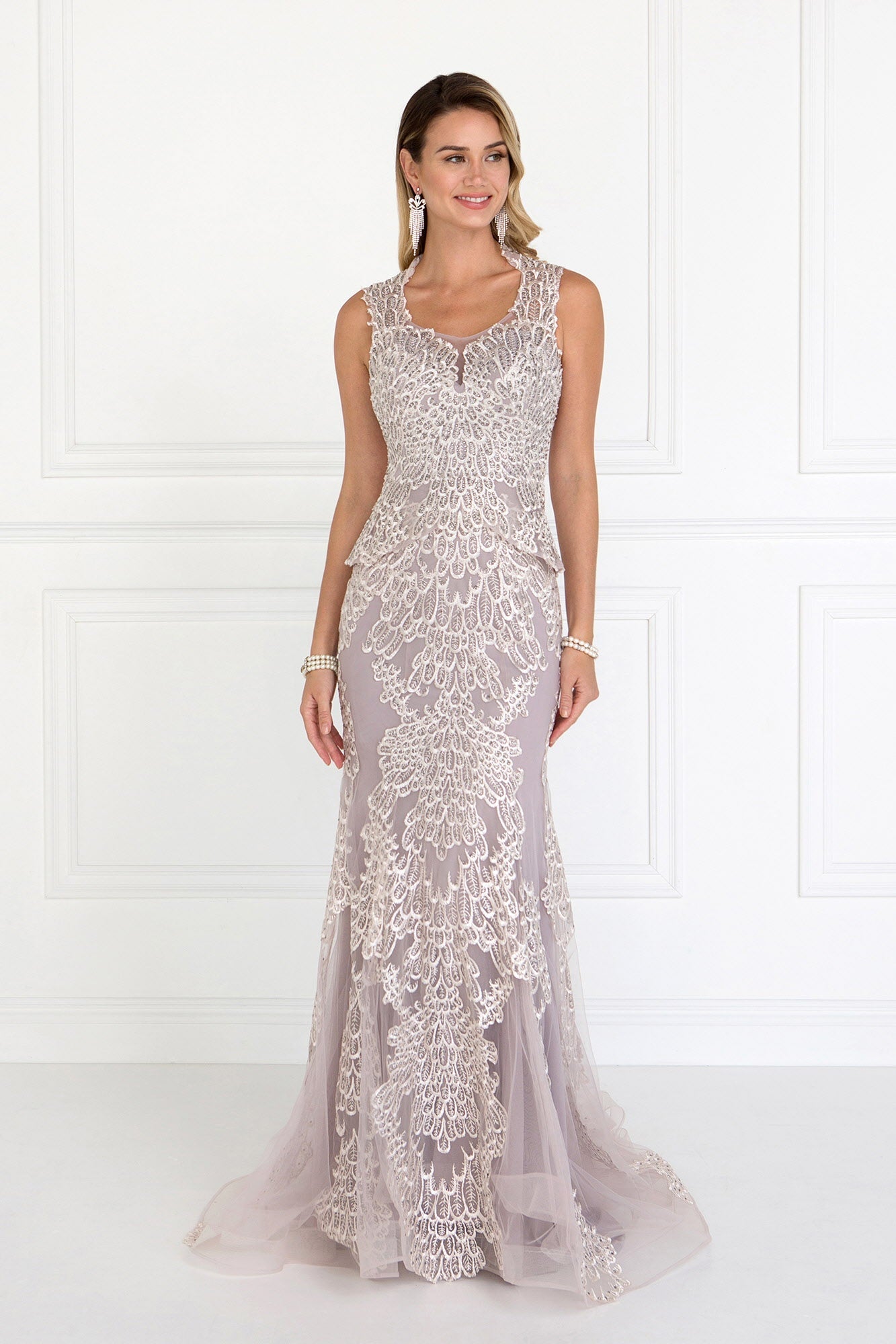 Mesh Mermaid Long Dress with Embroidery and Jewels Embellished Tux-USA