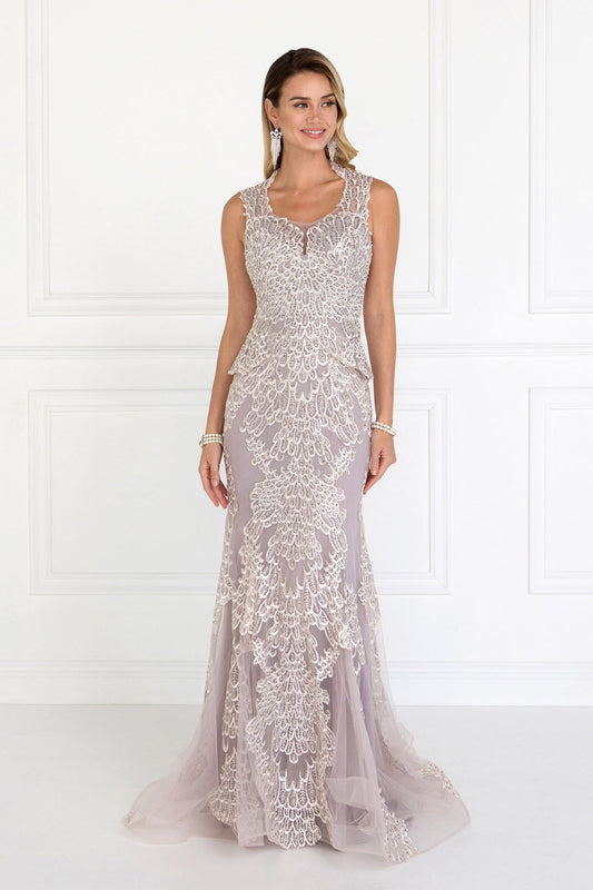 Mesh Mermaid Long Dress with Embroidery and Jewels Embellished Tux-USA