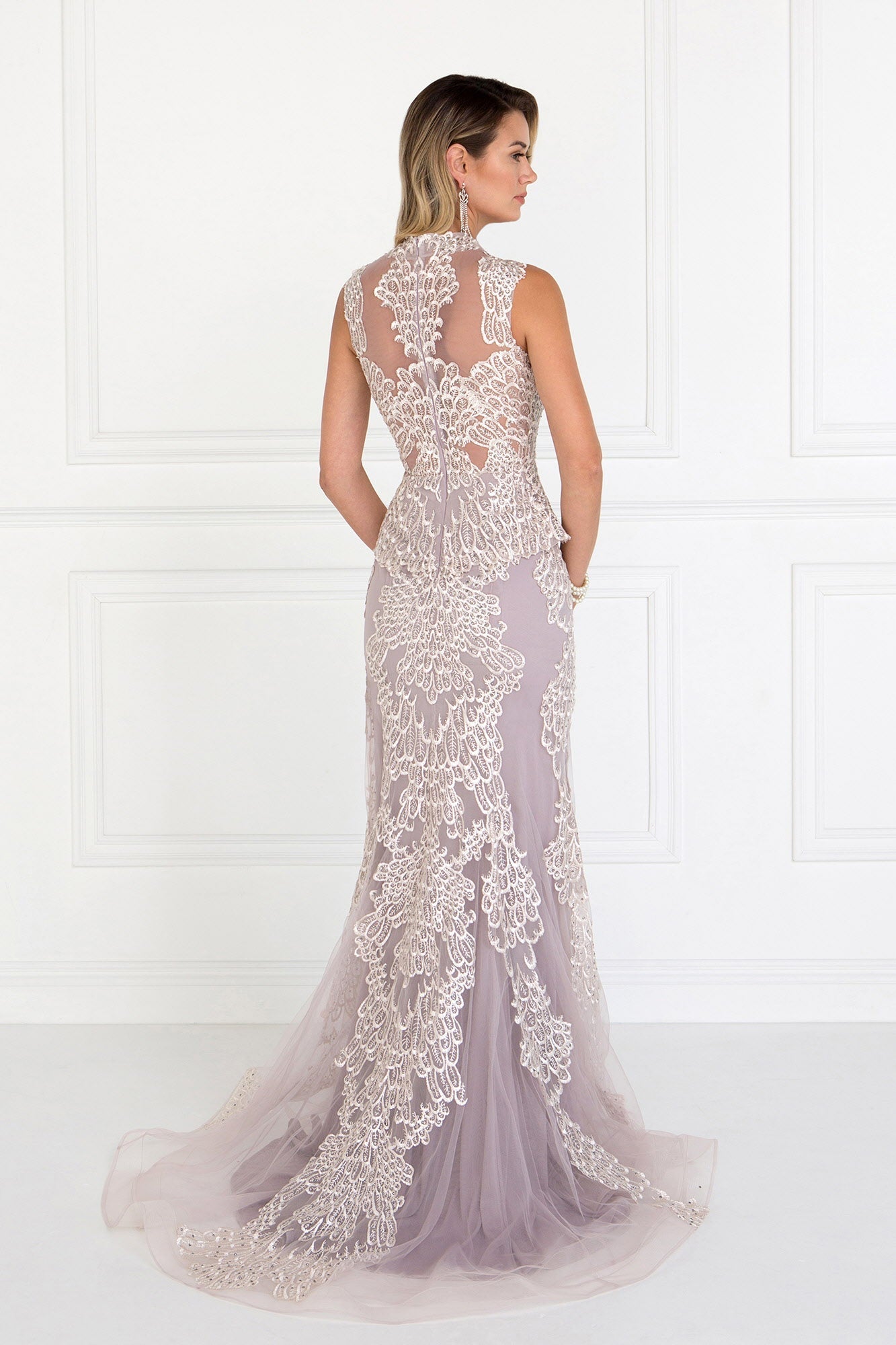 Mesh Mermaid Long Dress with Embroidery and Jewels Embellished Tux-USA