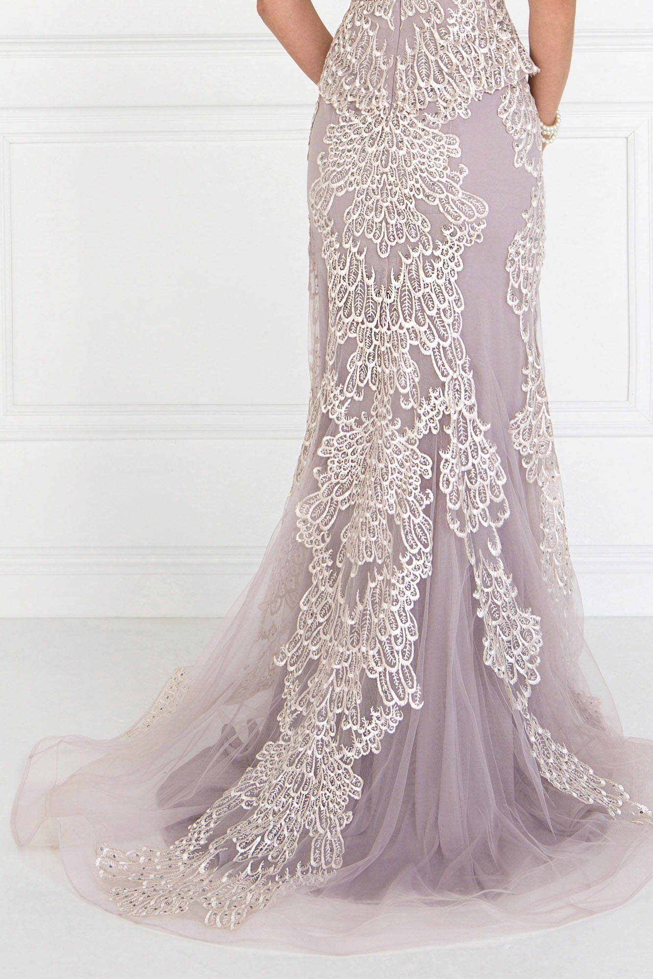 Mesh Mermaid Long Dress with Embroidery and Jewels Embellished Tux-USA