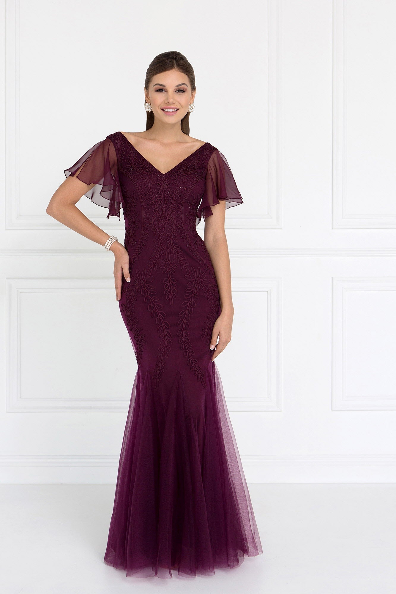 Tulle V-Neck Trumpet Long Dress with Short Sleeves Tux-USA