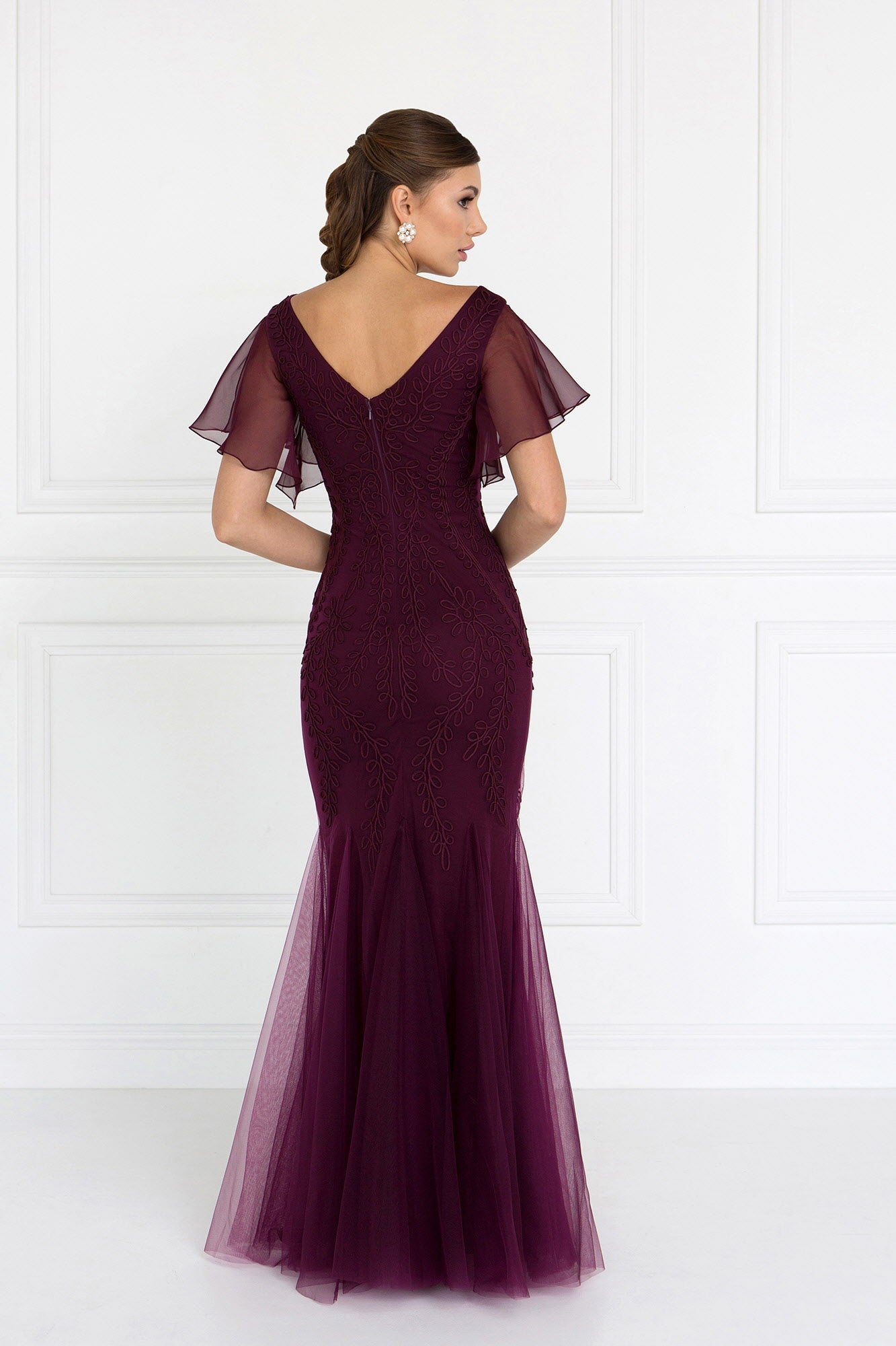 Tulle V-Neck Trumpet Long Dress with Short Sleeves Tux-USA