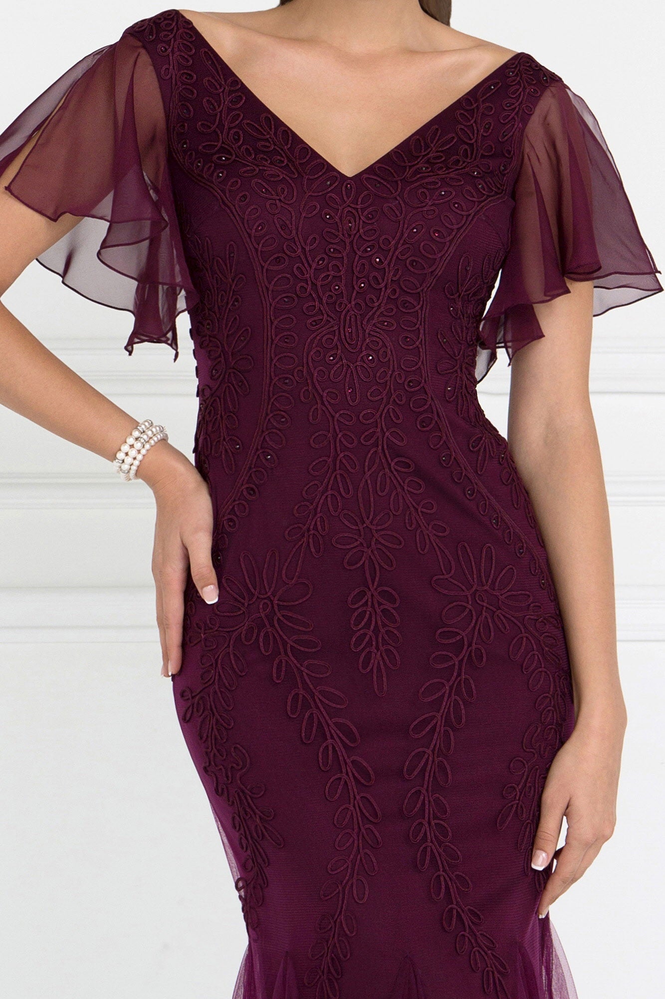 Tulle V-Neck Trumpet Long Dress with Short Sleeves Tux-USA