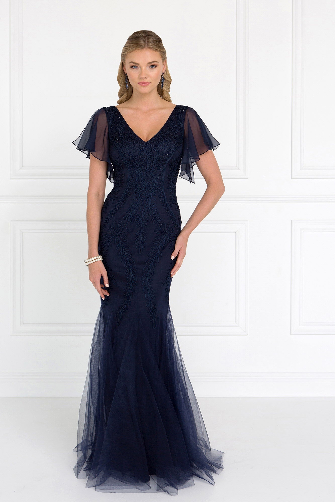 Tulle V-Neck Trumpet Long Dress with Short Sleeves Tux-USA
