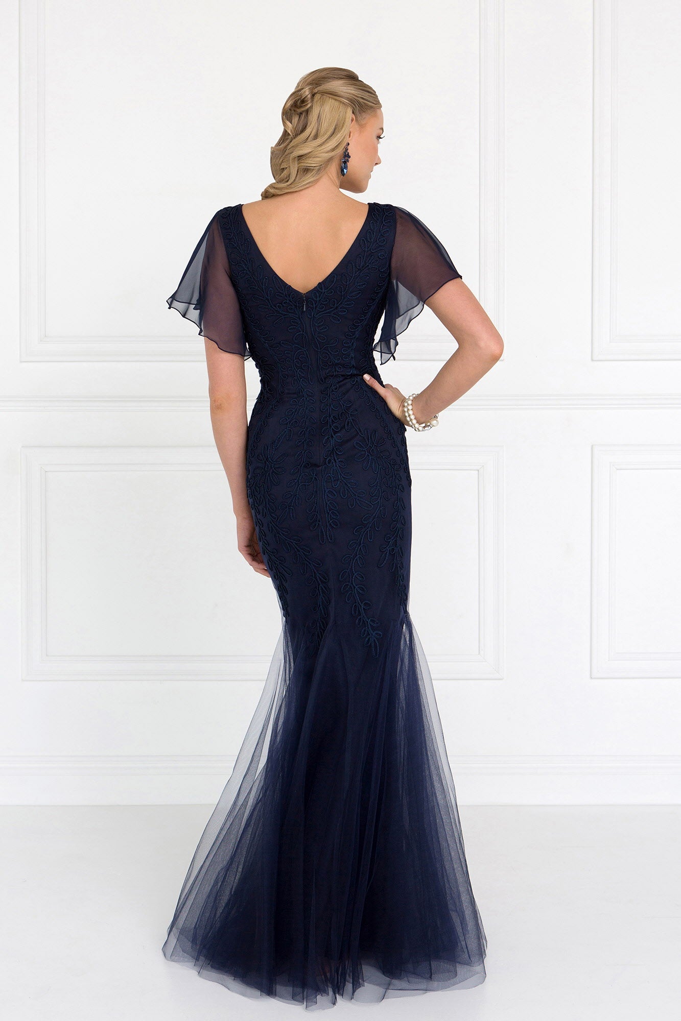 Tulle V-Neck Trumpet Long Dress with Short Sleeves Tux-USA