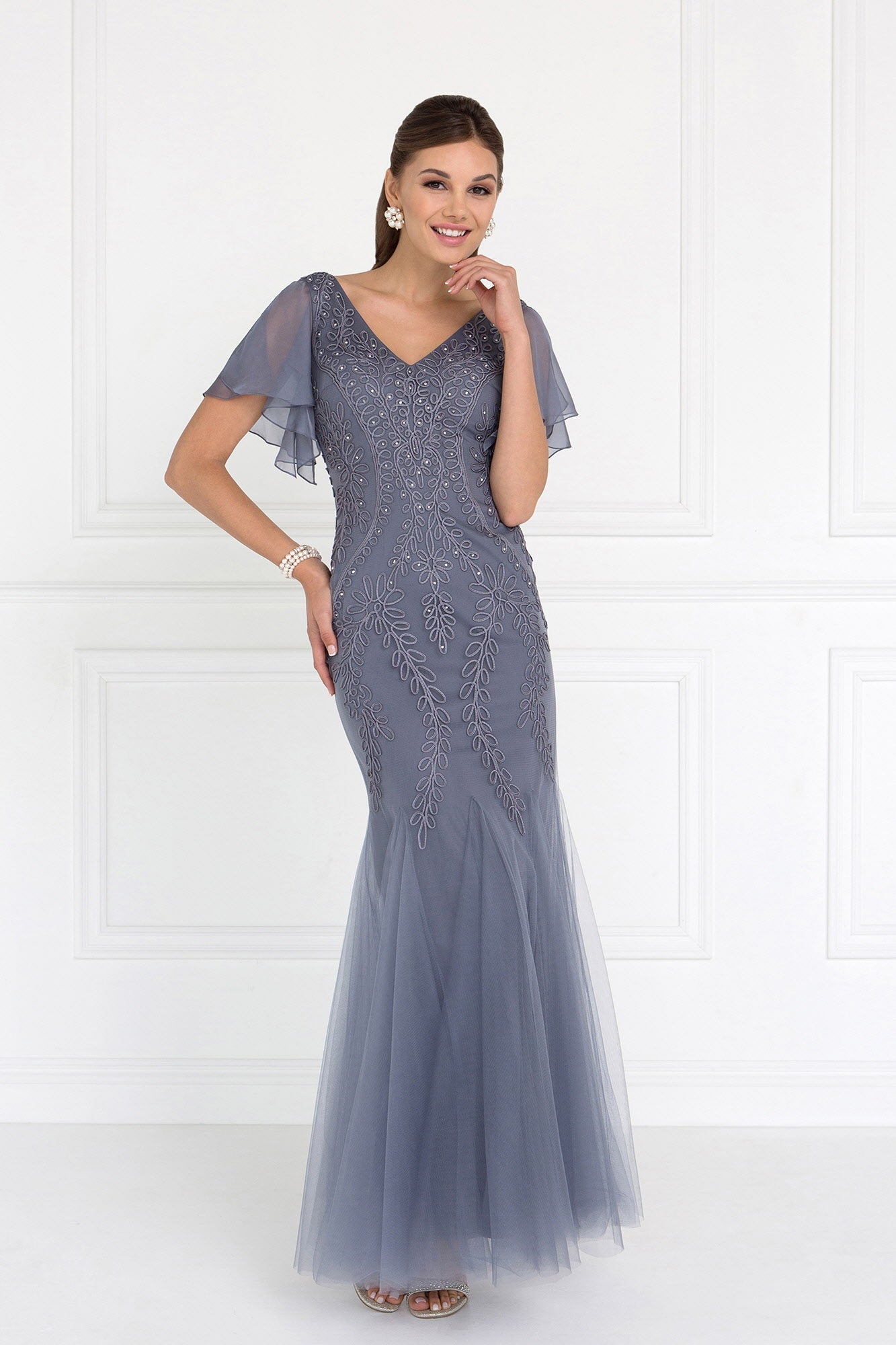 Tulle V-Neck Trumpet Long Dress with Short Sleeves Tux-USA