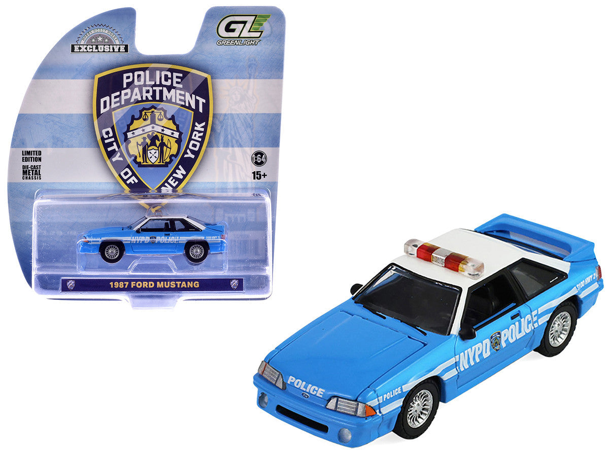 1987 Ford Mustang "New York City Police Department (NYPD)" Blue with White Top "Hobby Exclusive" Series 1/64 Diecast Model Car by Greenlight Greenlight