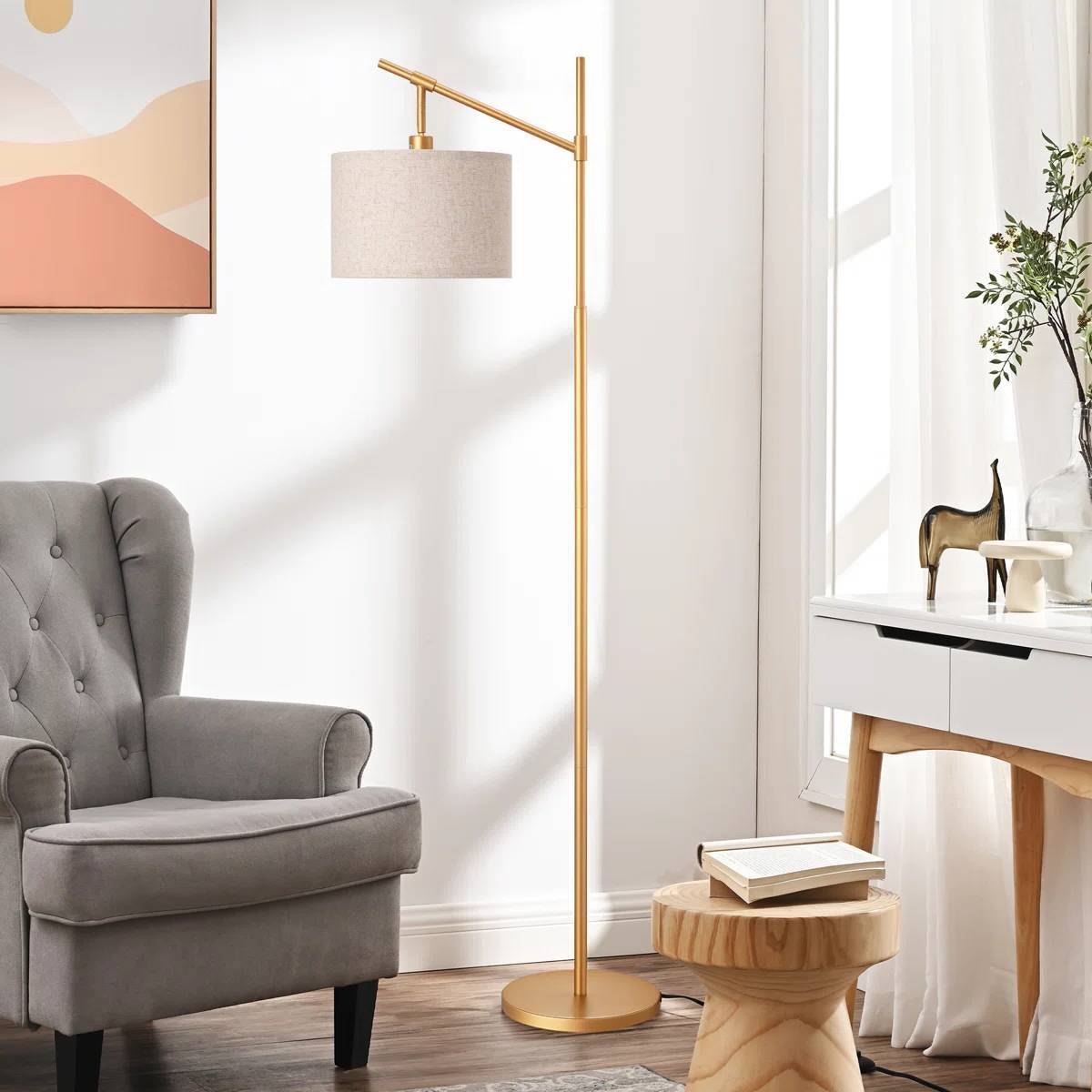 63-inch Gold Modern Arc Floor Lamp with Beige Linen Drum Shade-0