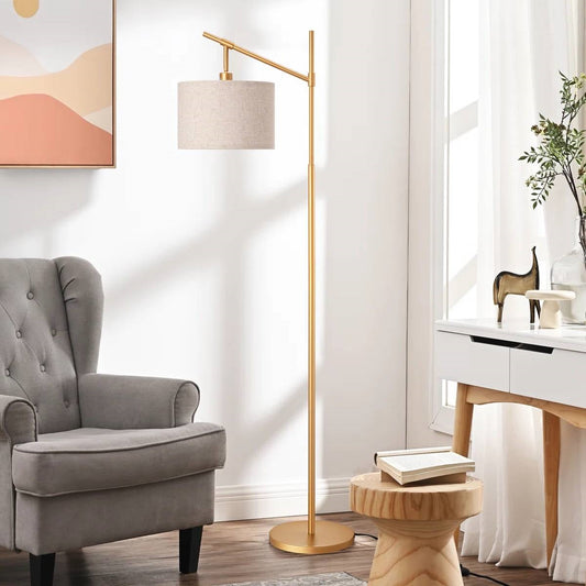 63-inch Gold Modern Arc Floor Lamp with Beige Linen Drum Shade-0