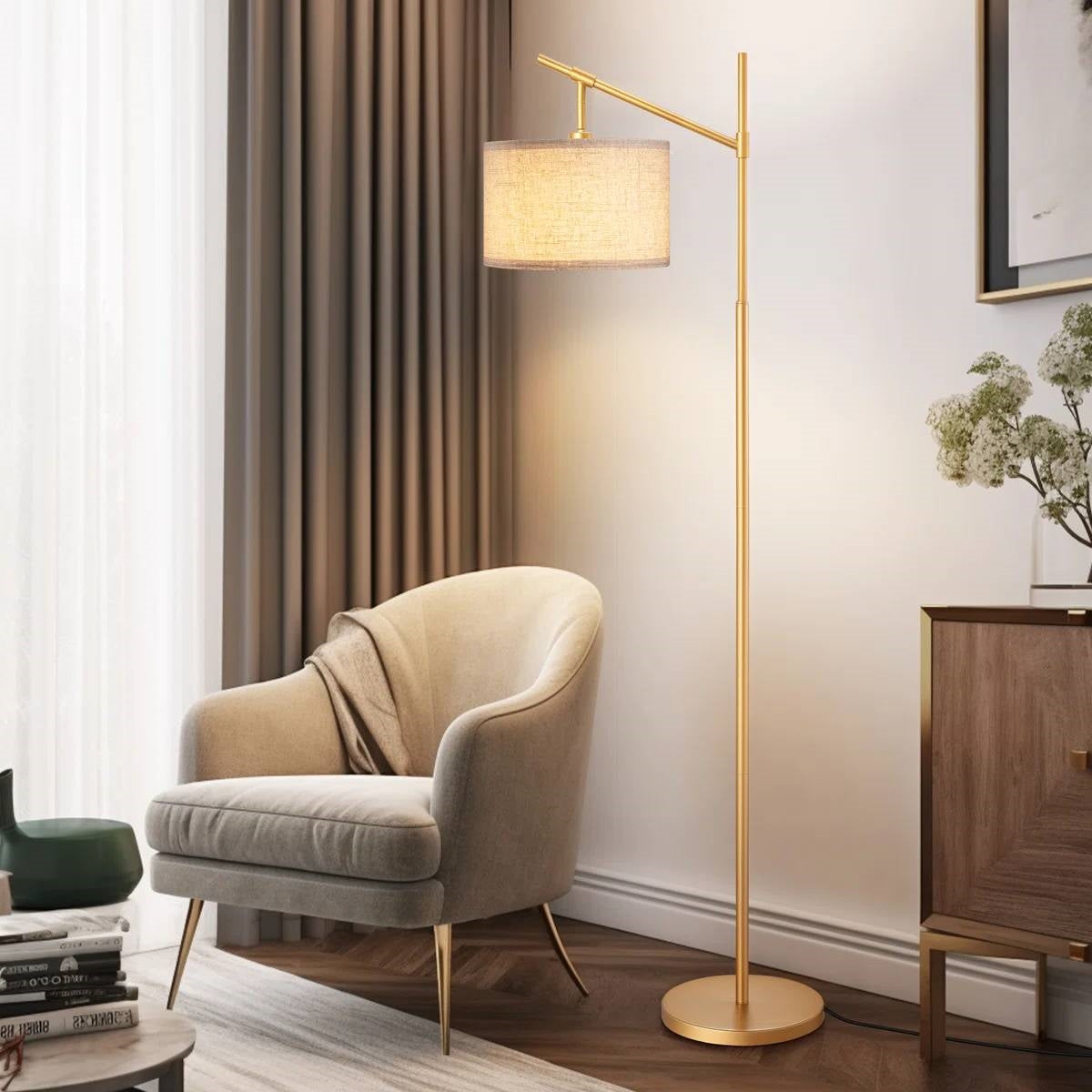 63-inch Gold Modern Arc Floor Lamp with Beige Linen Drum Shade-1