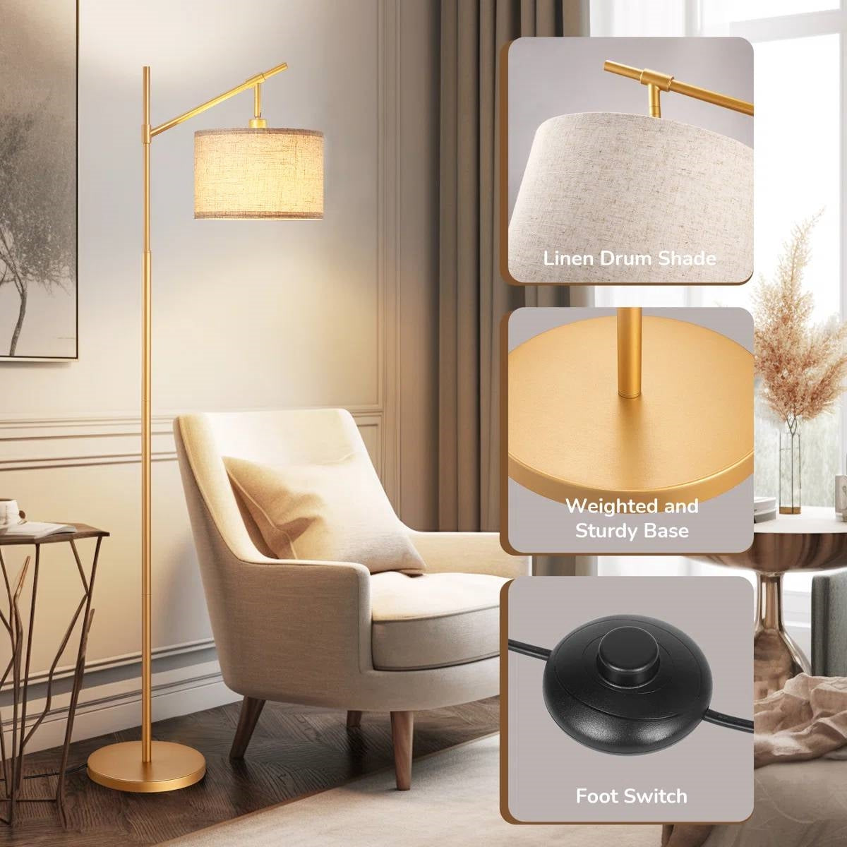 63-inch Gold Modern Arc Floor Lamp with Beige Linen Drum Shade-3