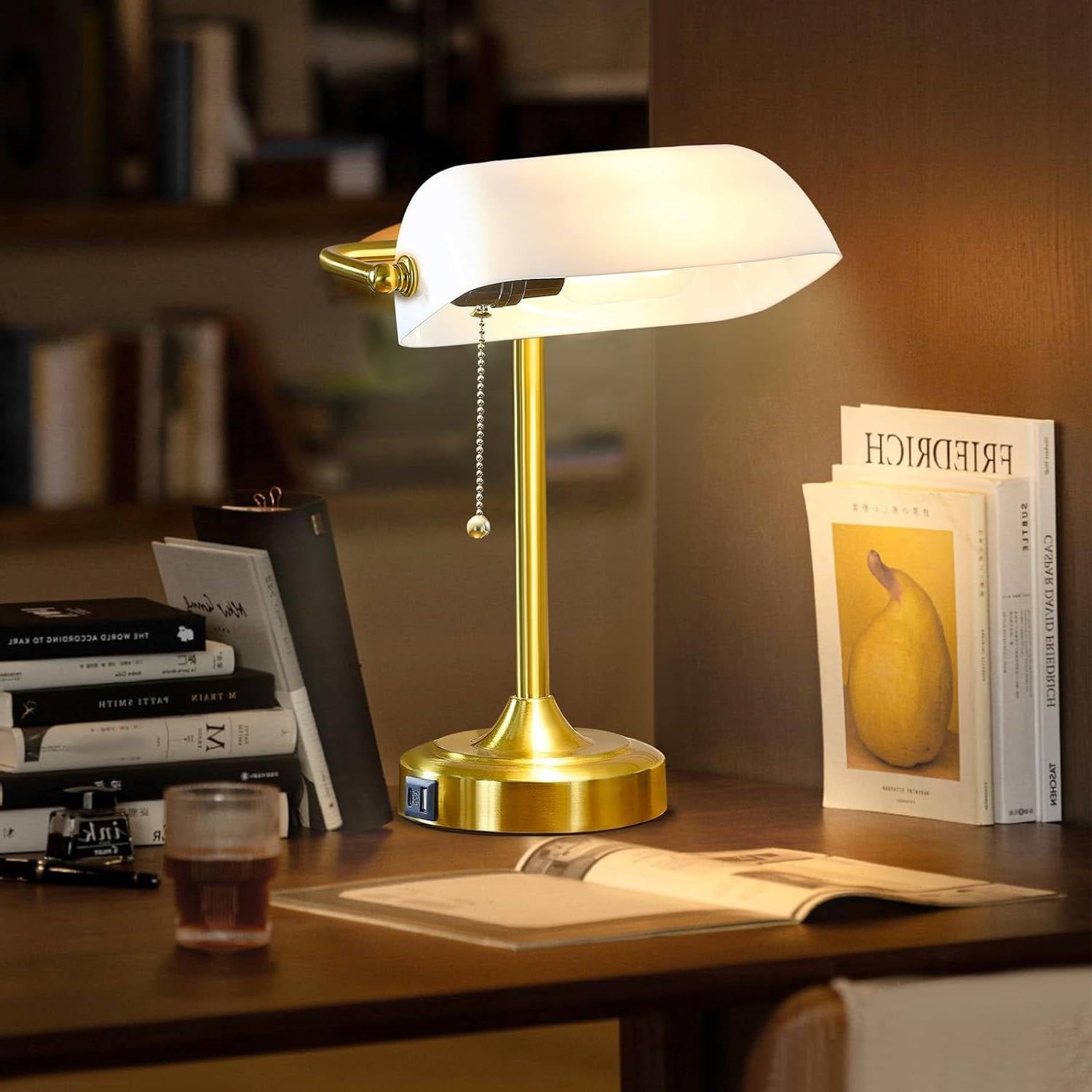 Vintage USB Bankers Lamp Desk Light with Gold Base and White Shade-1