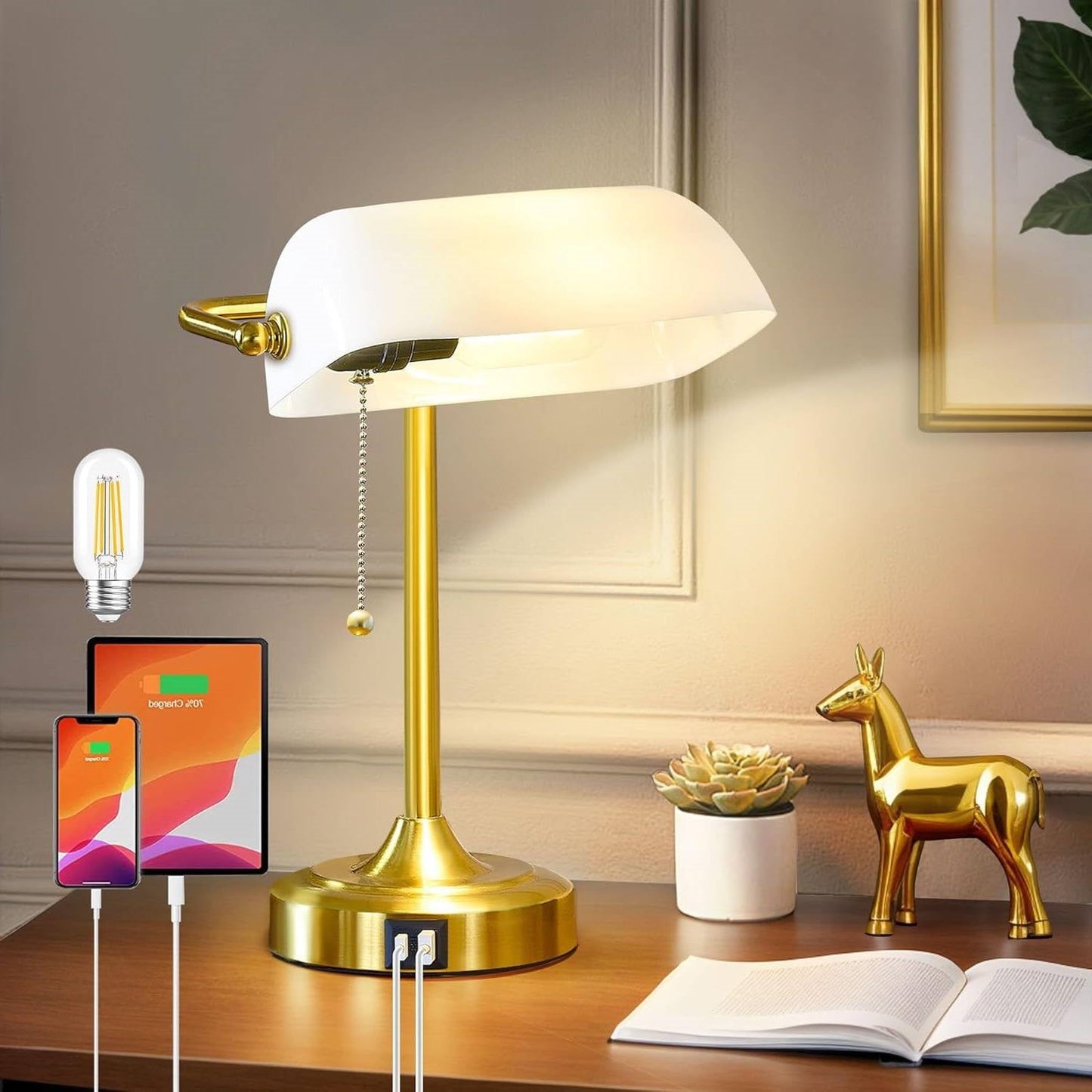 Vintage USB Bankers Lamp Desk Light with Gold Base and White Shade-2
