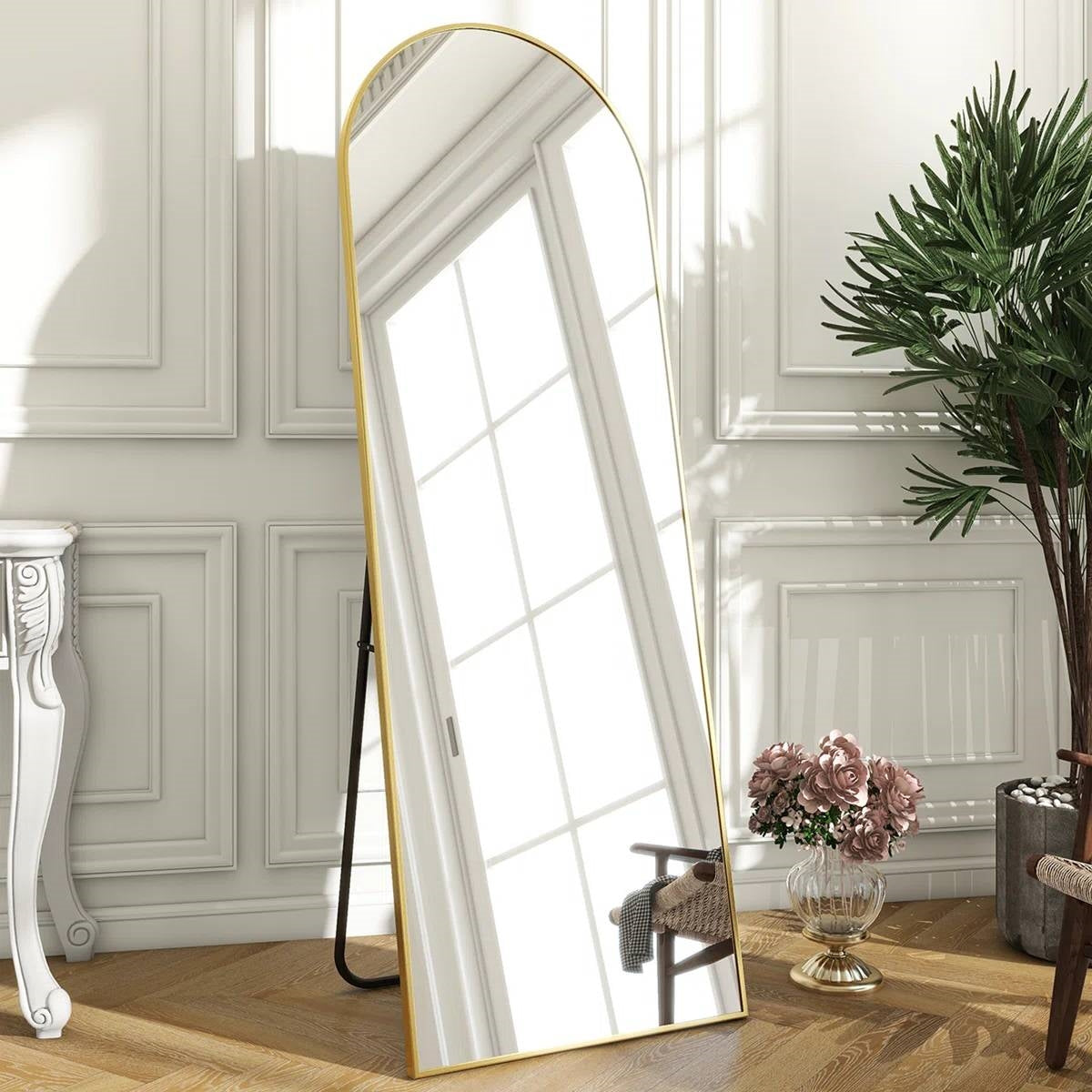 Gold 58-inch Full Length Arched Floor Mirror with Stand and Wall Hanging Screws FastFurnishings