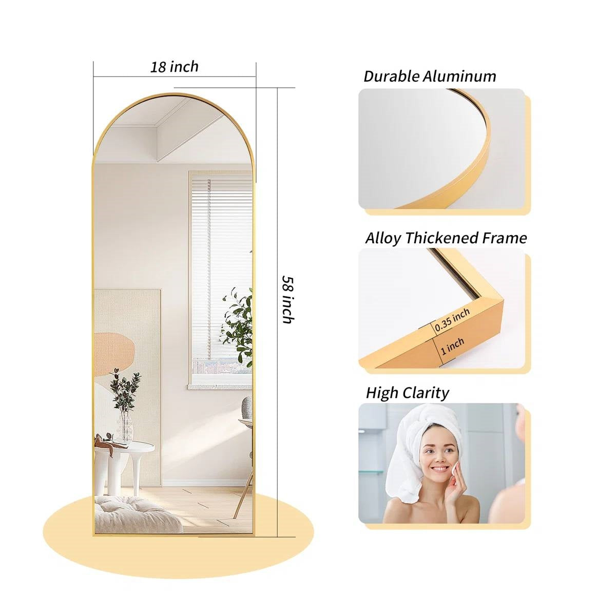 Gold 58-inch Full Length Arched Floor Mirror with Stand and Wall Hanging Screws FastFurnishings