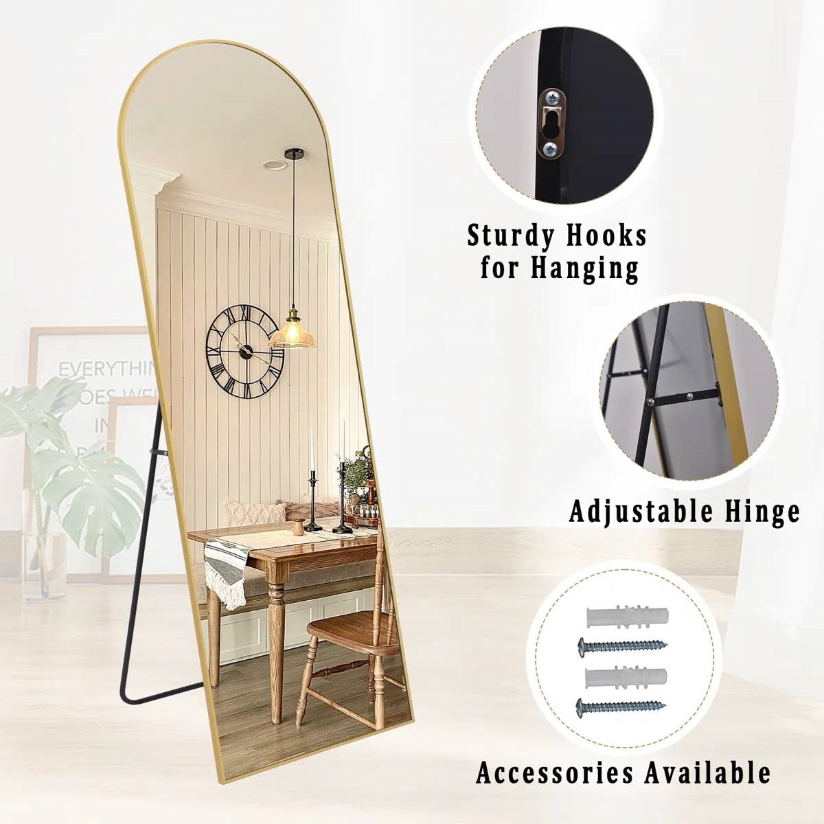 Gold 58-inch Full Length Arched Floor Mirror with Stand and Wall Hanging Screws FastFurnishings