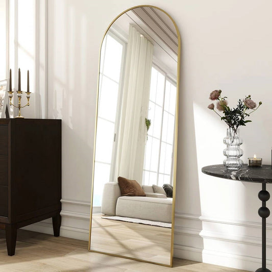 Gold 64-inch Full Length Arched Floor Mirror with Stand and Wall Hanging Screws-0