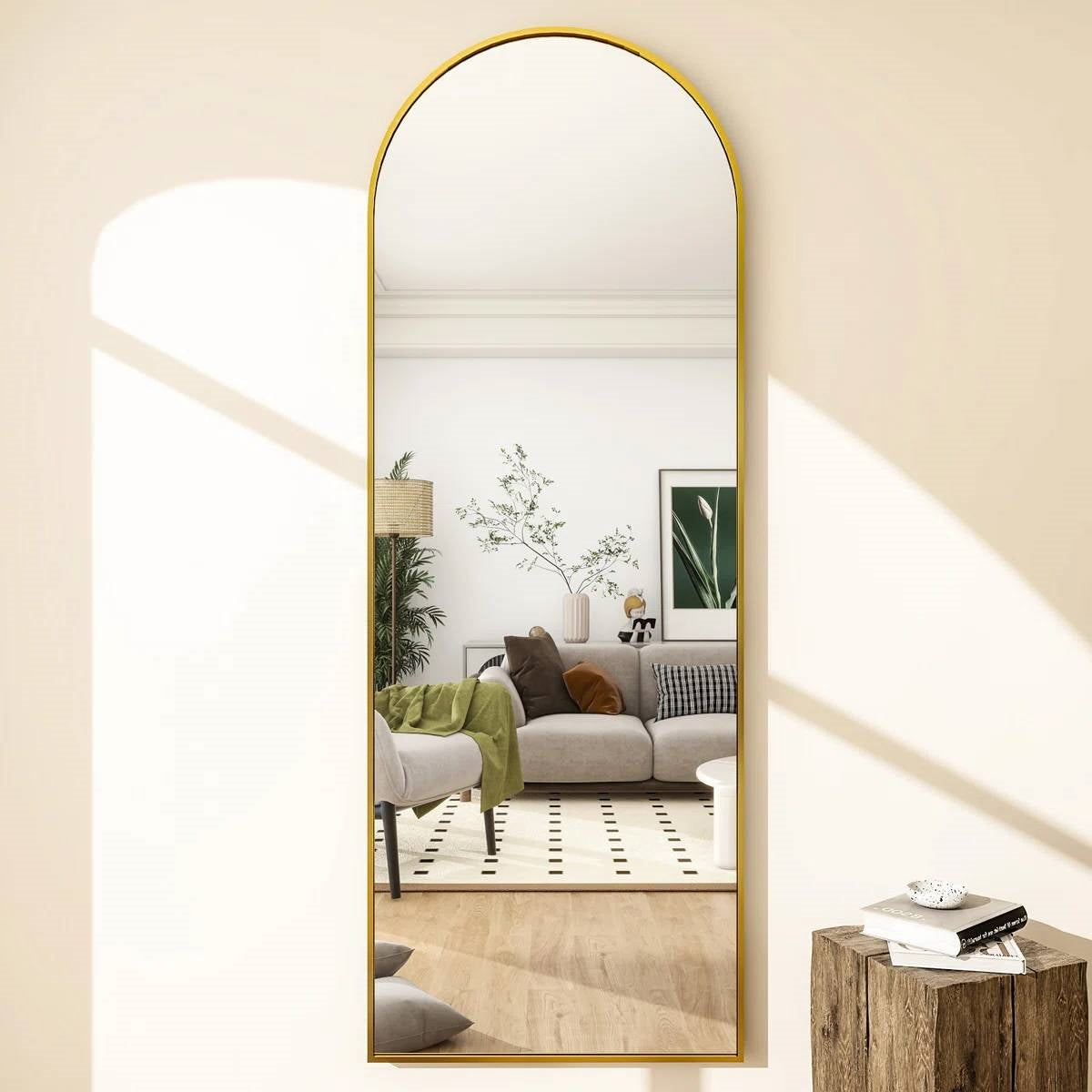 Gold 64-inch Full Length Arched Floor Mirror with Stand and Wall Hanging Screws-1