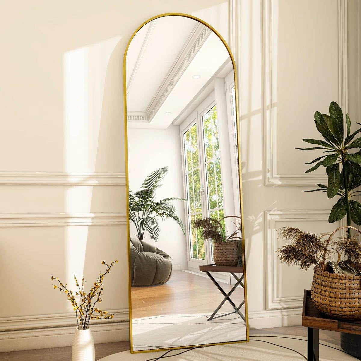 Gold 64-inch Full Length Arched Floor Mirror with Stand and Wall Hanging Screws-2