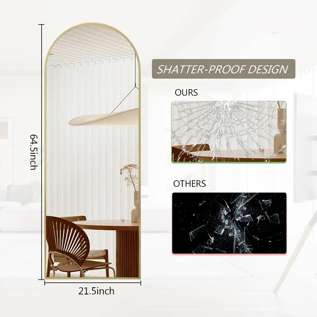Gold 64-inch Full Length Arched Floor Mirror with Stand and Wall Hanging Screws-3