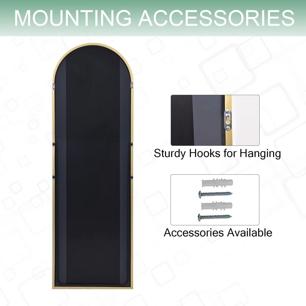 Gold 64-inch Full Length Arched Floor Mirror with Stand and Wall Hanging Screws-4