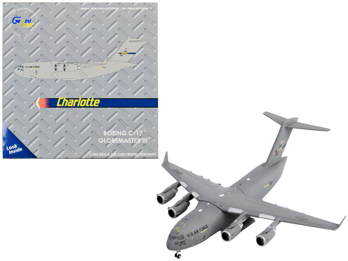 Boeing C-17 Globemaster III Transport Aircraft "Charlotte Air National Guard - United States Air Force" Gray "Gemini Macs" Series 1/400 Diecast Model Airplane by GeminiJets GeminiJets