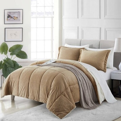 Queen Plush Microfiber Reversible Comforter Set in Gold-0