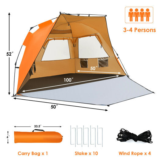 3-4 Person Easy Pop Up Beach Tent UPF 50+ Portable Sun Shelter-Orange W2B
