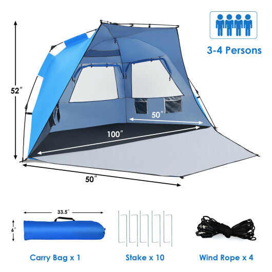 3-4 Person Easy Pop Up Beach Tent UPF 50+ Portable Sun Shelter-Orange W2B