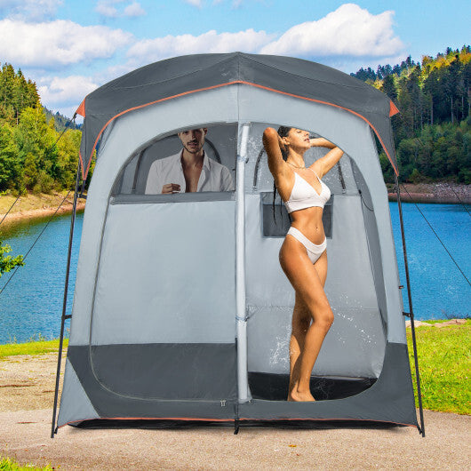 2 Rooms Oversize Privacy Shower Tent with Removable Rain Fly and Inside Pocket-Gray W2B