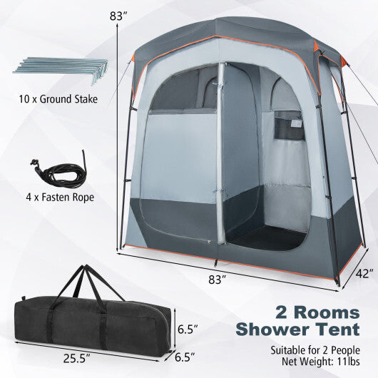 2 Rooms Oversize Privacy Shower Tent with Removable Rain Fly and Inside Pocket-Gray W2B
