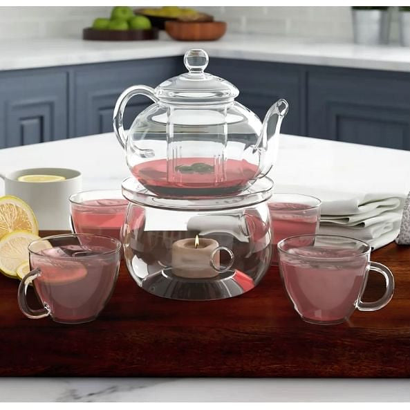 6-Piece Glass Tea Pot Set with 4 Cups Teapot Warmer and Infuser Unbranded