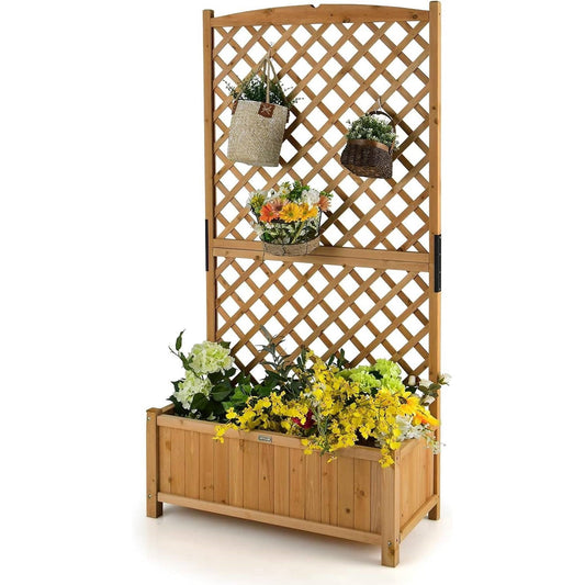 Outdoor Fir Wood Raised Garden Bed Planter Box with 71-inch High Trellis FastFurnishings