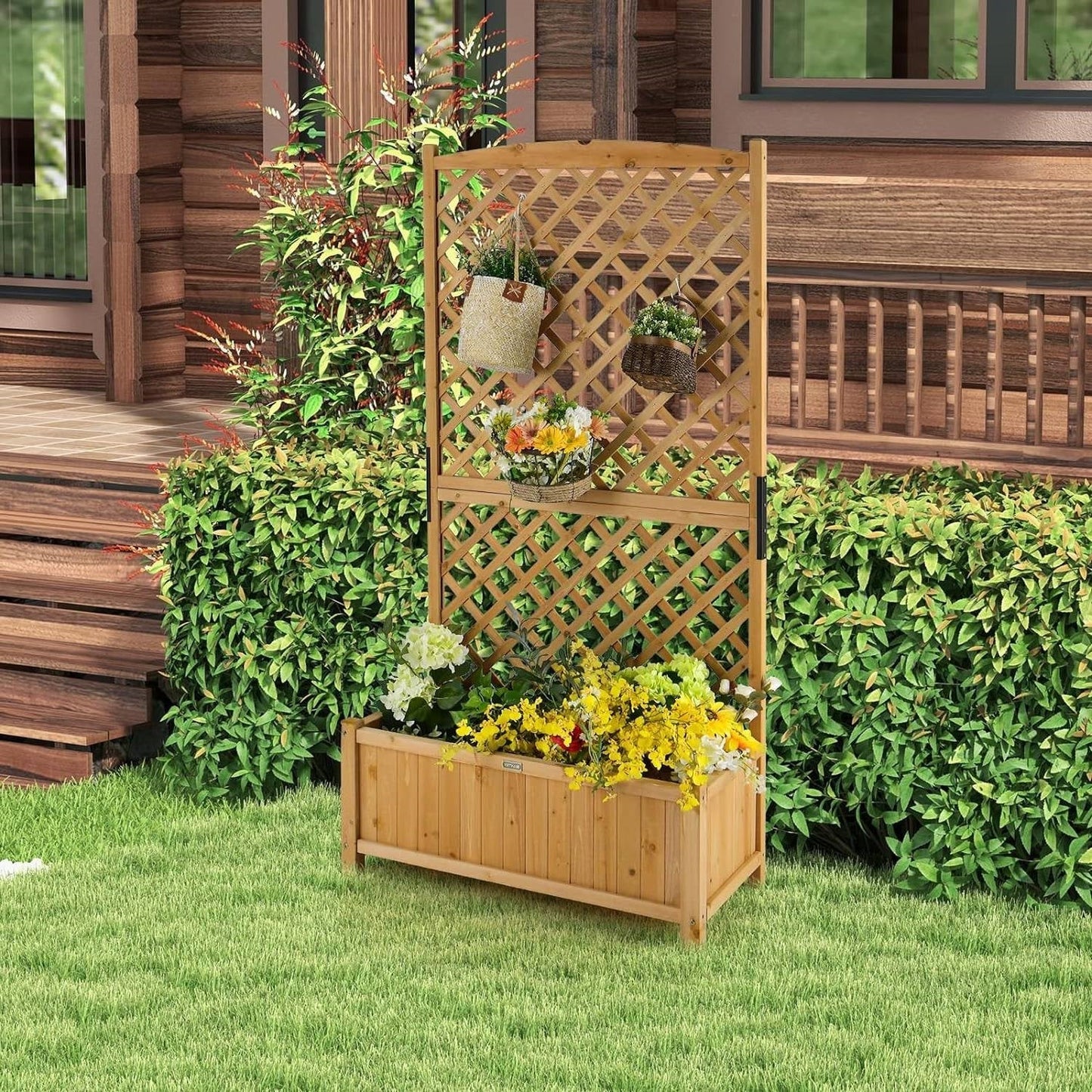Outdoor Fir Wood Raised Garden Bed Planter Box with 71-inch High Trellis FastFurnishings