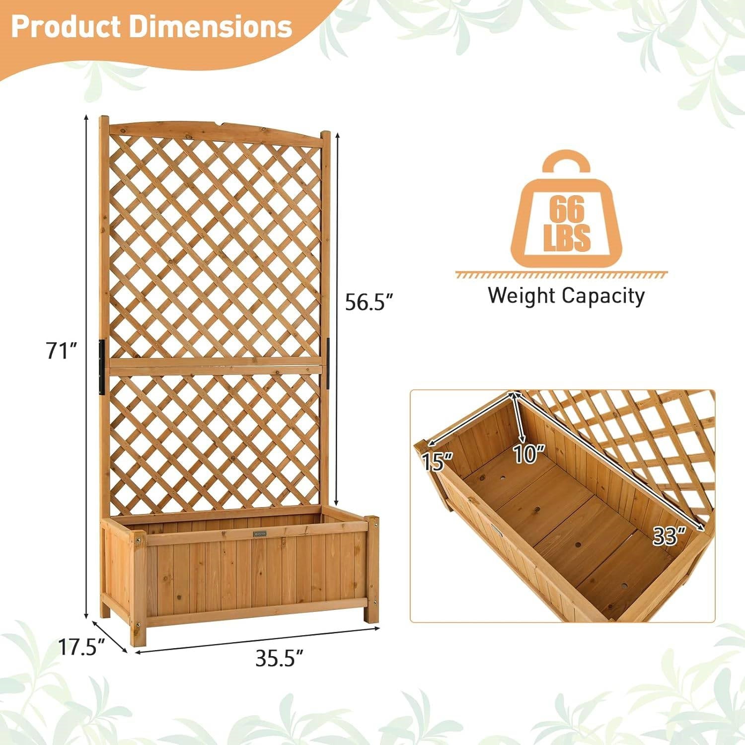 Outdoor Fir Wood Raised Garden Bed Planter Box with 71-inch High Trellis FastFurnishings