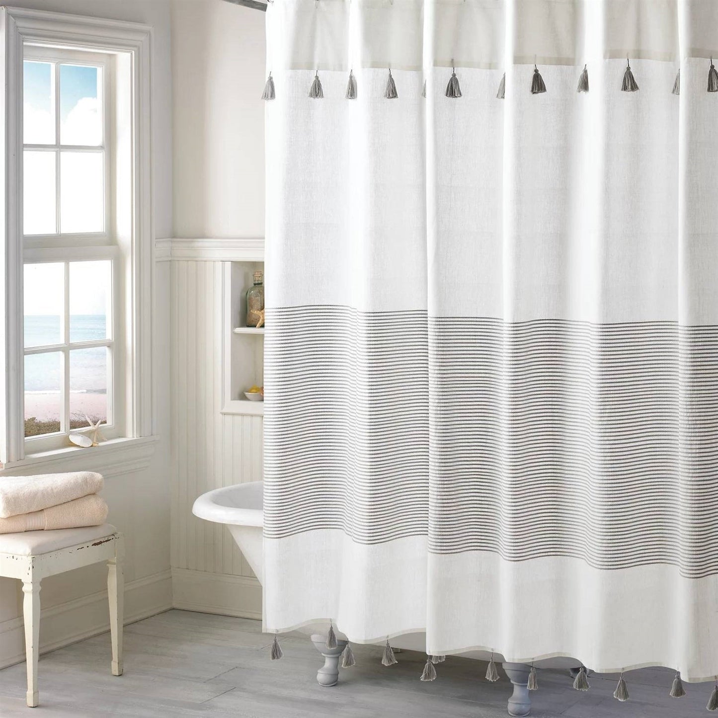 72-inch Grey and White Stripes Cotton Shower Curtain with Tassels FastFurnishings