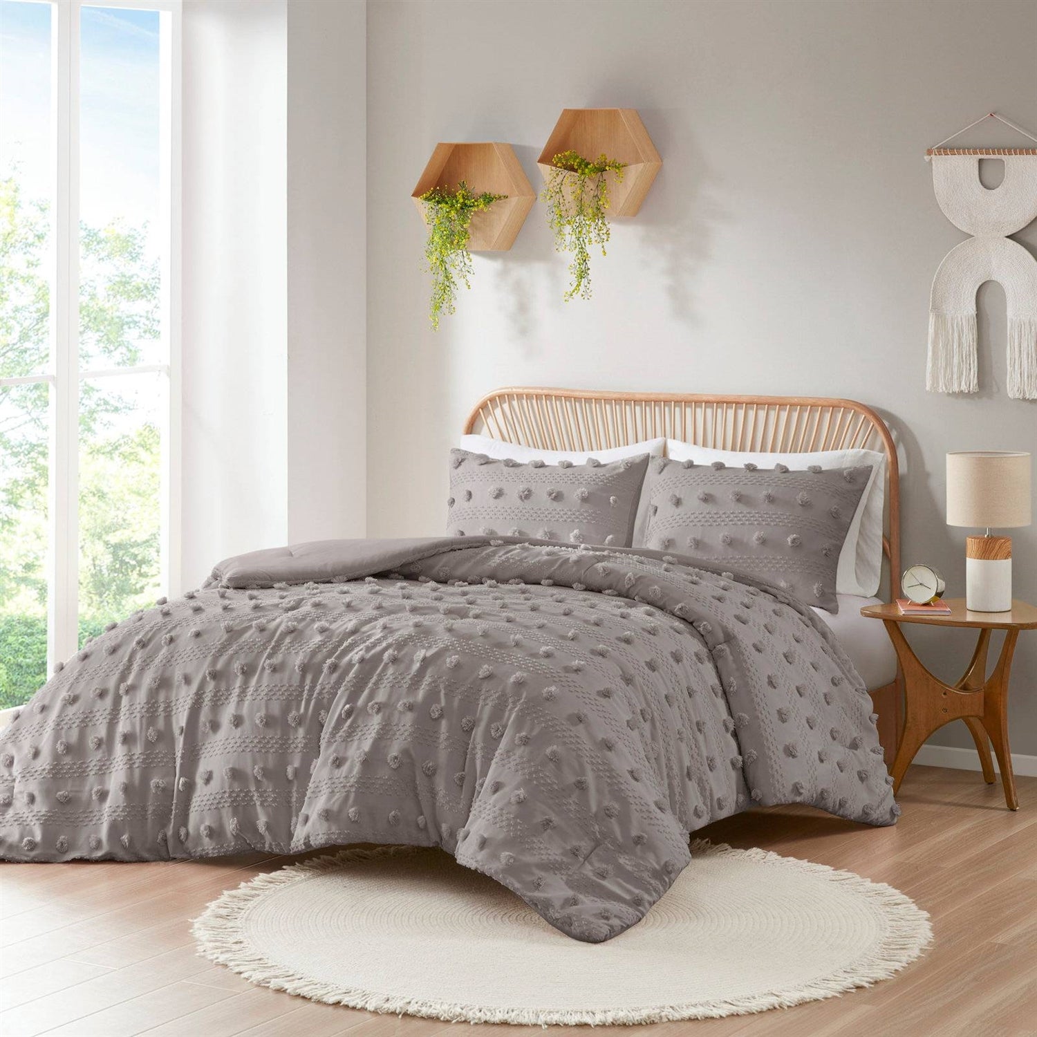 King/Cal King 3-Piece Grey Microfiber Comforter Set with Decorative Pompoms-1