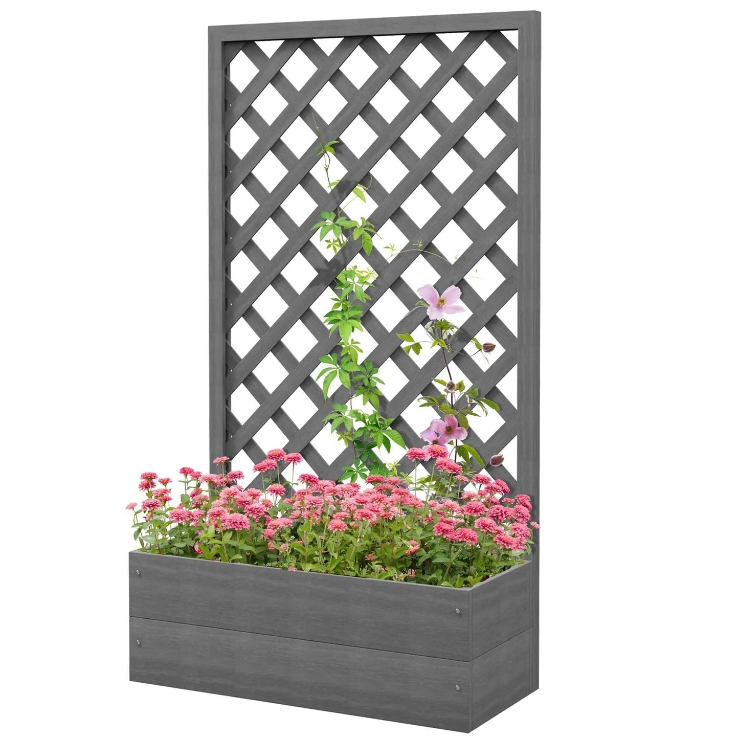 Outdoor Raised Garden Bed Planter Box with Lattice Trellis in Grey Wood Finish FastFurnishings