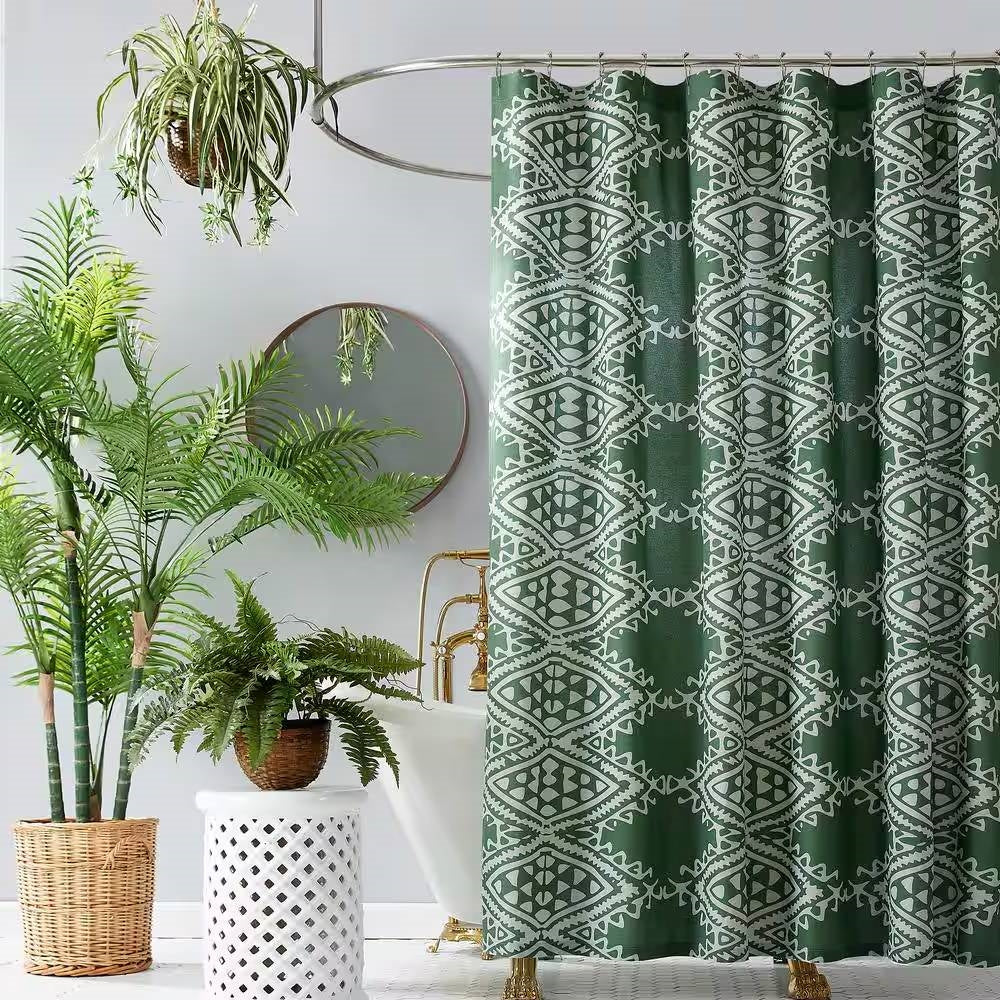 72 x 72 inch Cotton Poly Shower Curtain with Green White Geometric Motif Pattern FastFurnishings