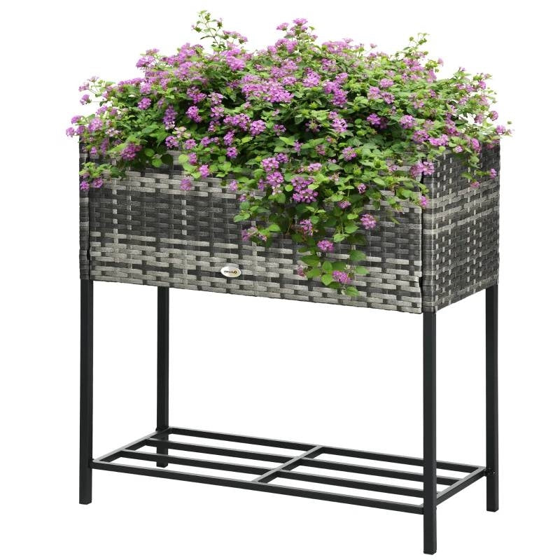 Grey Modern PE Rattan Wicker Raised Garden Bed Elevated Planter Box FastFurnishings