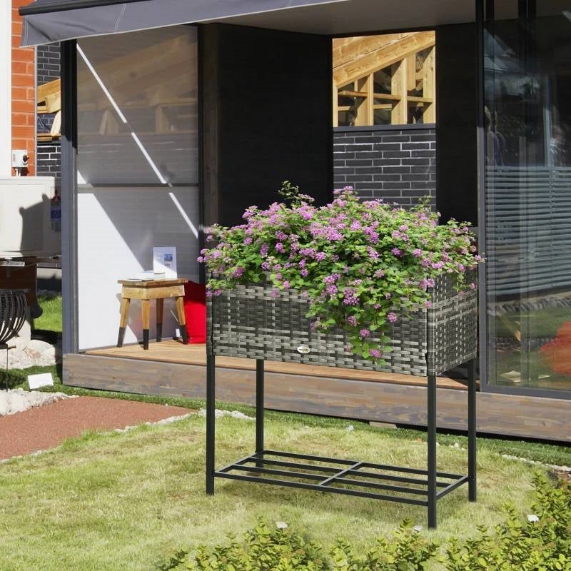 Grey Modern PE Rattan Wicker Raised Garden Bed Elevated Planter Box FastFurnishings