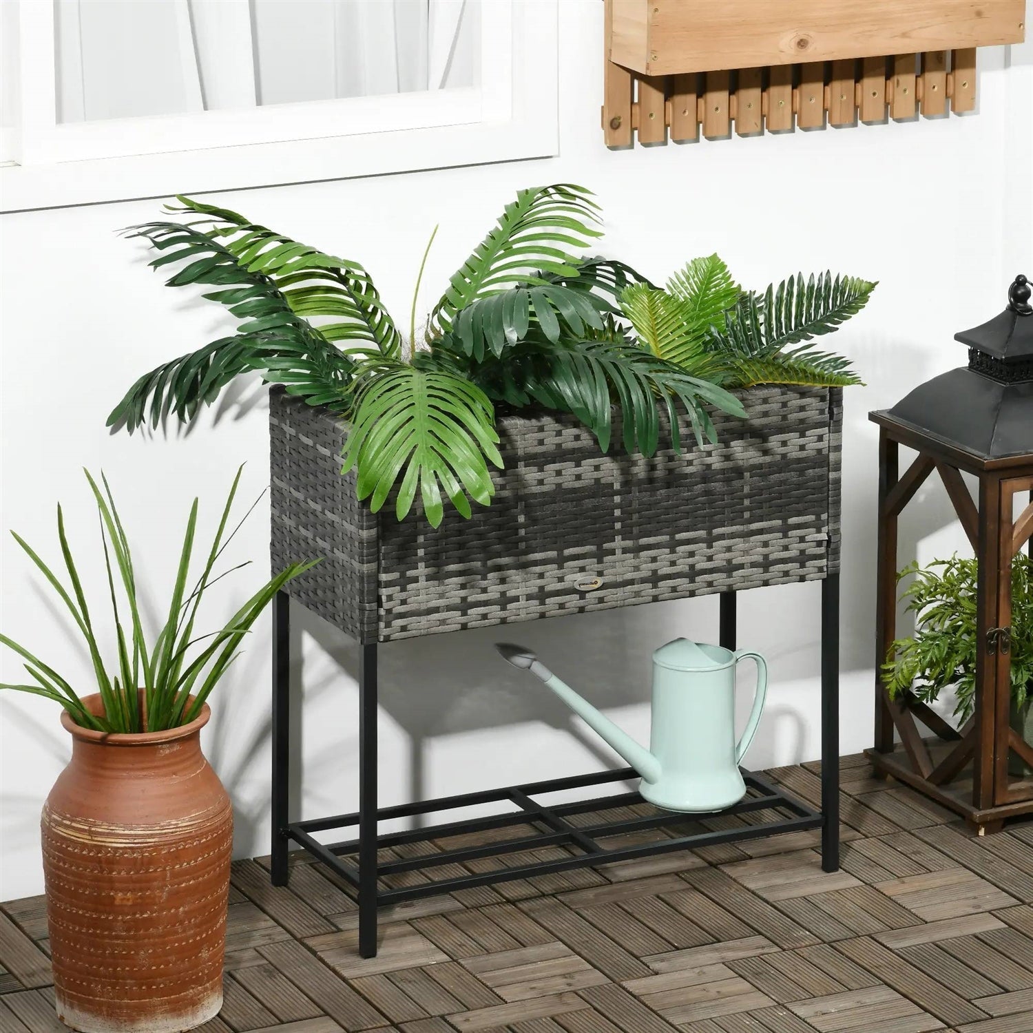 Grey Modern PE Rattan Wicker Raised Garden Bed Elevated Planter Box FastFurnishings