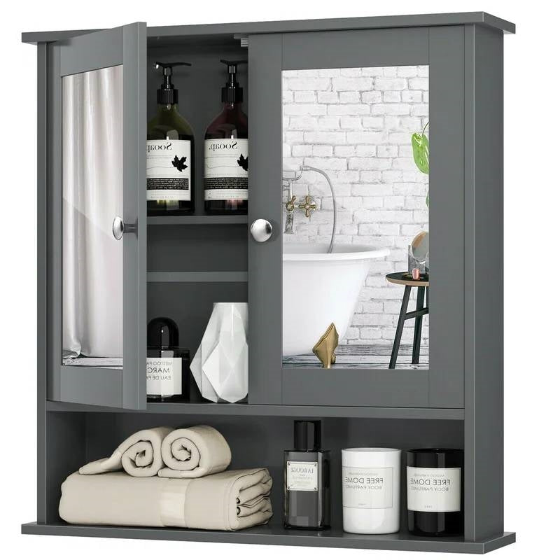Grey Wood Bathroom Wall / Medicine Cabinet with Mirrored Doors and Shelf FastFurnishings